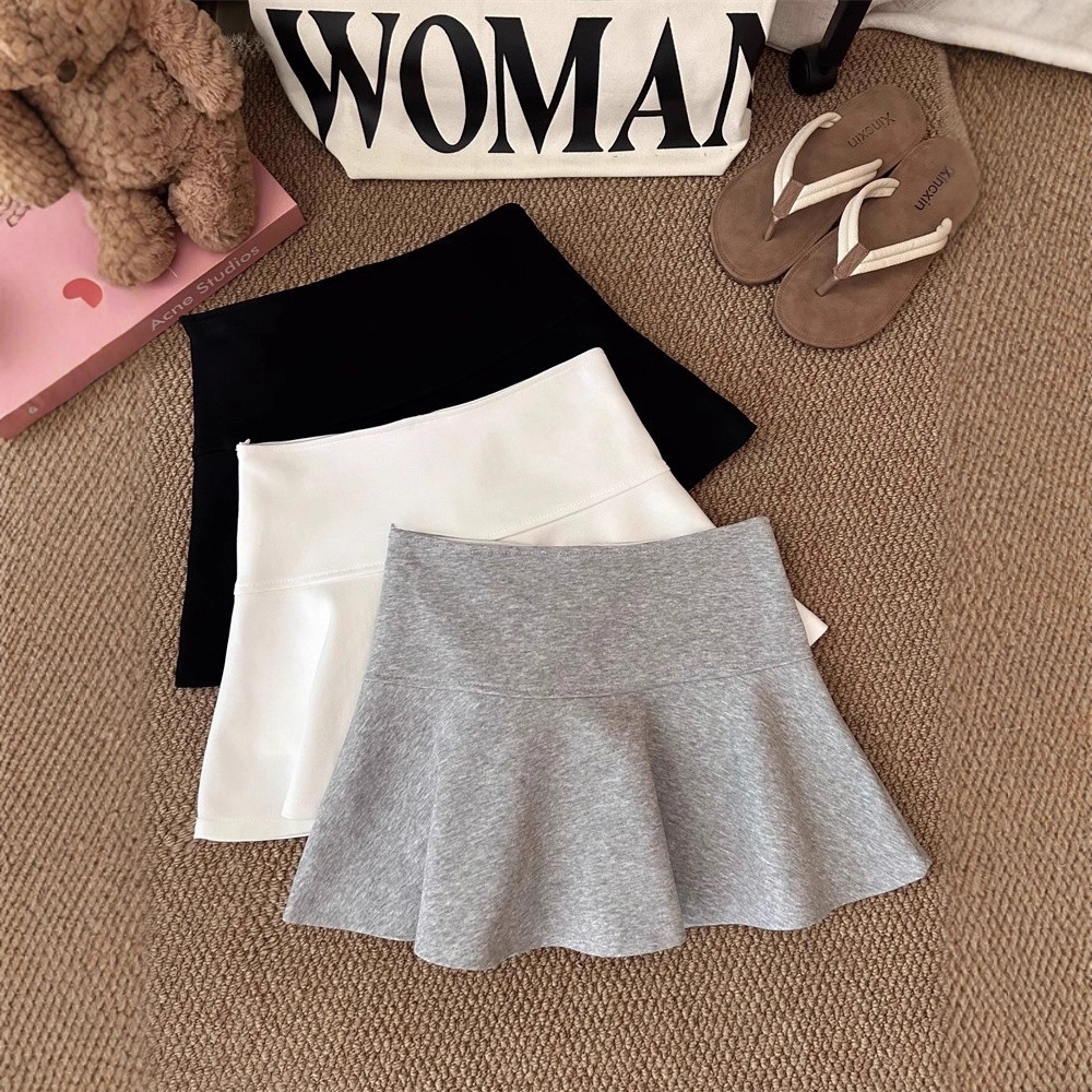 高弹柔软毛巾面料减龄小A字半身裙女夏学院风短裙带里裤荷叶边半