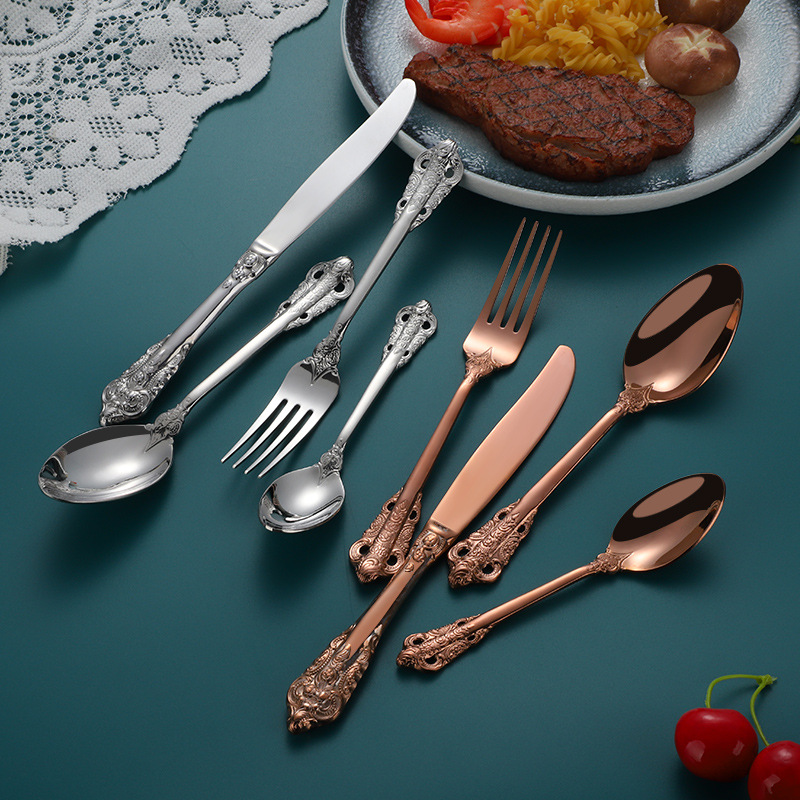 Cuchillo, tenedor y cuchara de corte transfronterizo Traje de vajilla occidental Cuchillo y tenedor de filete de acero inoxidable 304 Juego de 4 piezas de tenedor y cuchara de postre de restaurante occidental