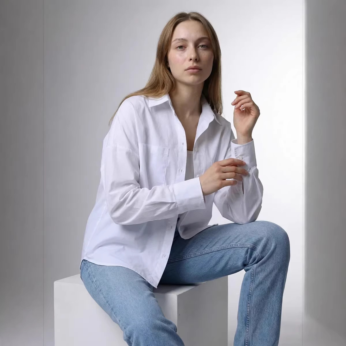 Europa y Estados Unidos comercio exterior transfronterizo ropa de mujer primavera y otoño algodón camisa de manga larga gran tamaño suelta de mujer chaqueta de transporte solar sólida