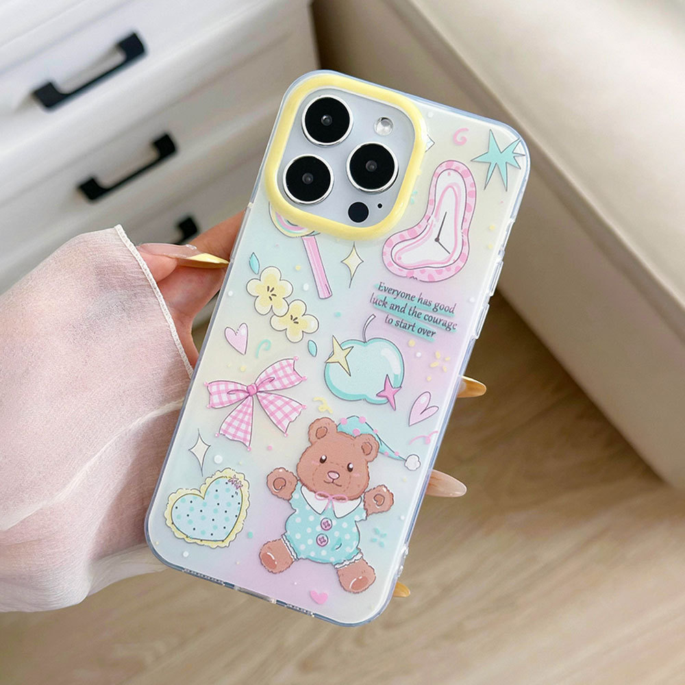Custodia protettiva con cinturino con fiocco 3C Cartoon Bear compatibile con 16PM Cute 13 Phone Case 15 Pro_voghion.com