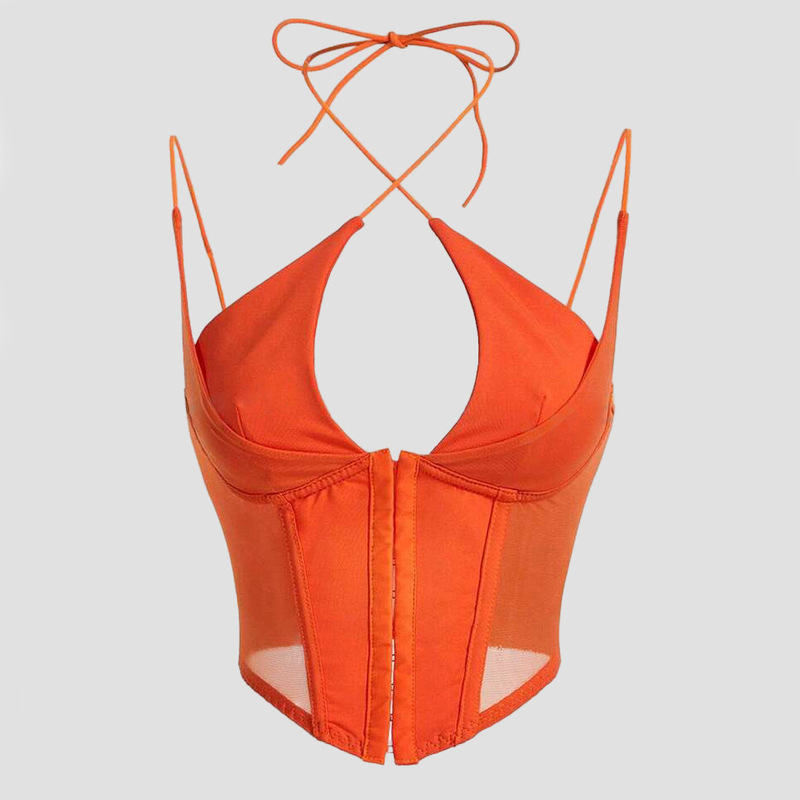 Cross-border exclusive sale of explosive hot girl hanging neck solid color mesh perspective pure desire street style sexy camisole W0256