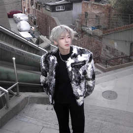 2024年扎染渐变羊羔毛棉服男高级感痞帅欧美街头情侣棉衣外套批发