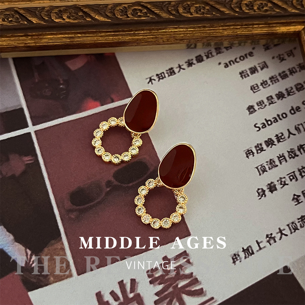 Vintage zircon circle ankola red earrings oil drop retro French