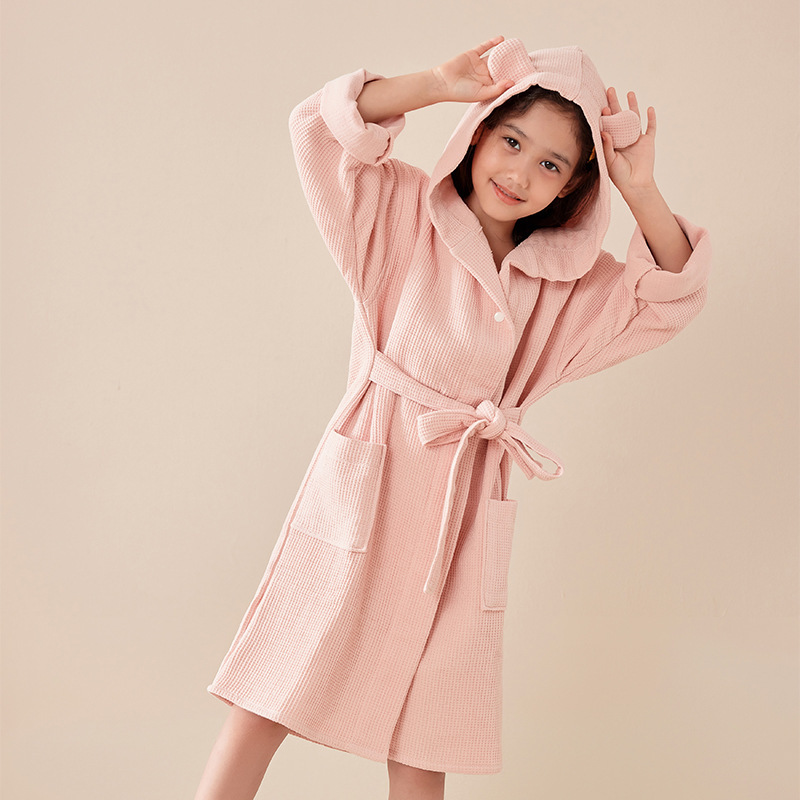 New Pure Cotton Kidsren's Bathrobe Double-Layer Waffle Cross-Border Cotton Towel Material Nightgown Long-Sleeved Hooded Bathrobe Pajamas