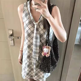 韩系海军领连衣裙复古格纹气质吊带裙女宽松休闲气质无袖女背心裙