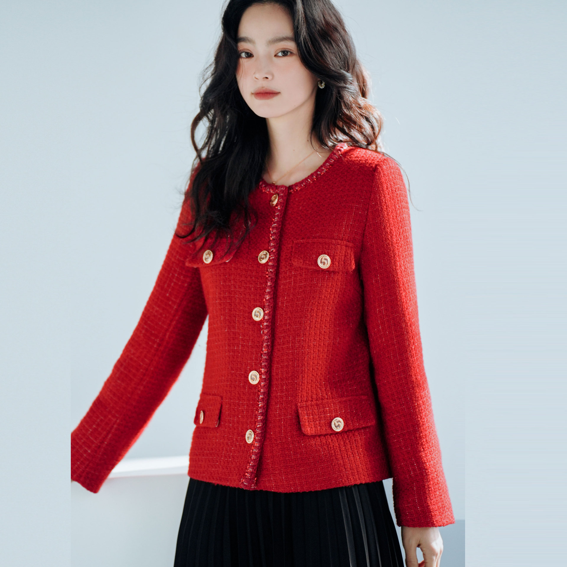 23 Spring and Summer New French Style Retro Red Wool Tweed Small * Fragrant Style Coat Women's Short Socialite Style 15251
