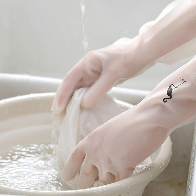 透白厨房洗碗乳胶长款手套耐用加绒橡胶塑胶洗衣防水印花家务手套