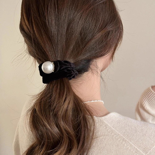 Autumn/Winter Velvet Black Hair Ring for Women  New Style Hair Tie with High-End Pearl Hair Flowers and Hair Ribbon Wide Elastic Band