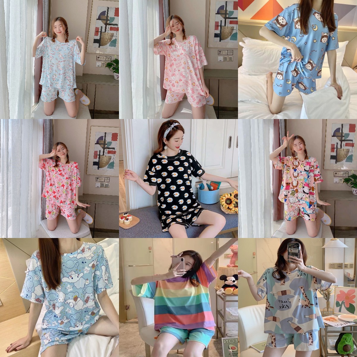 舒服百搭睡衣女士夏短袖短裤大码宽松卡通圆领休闲家居服外贸批发