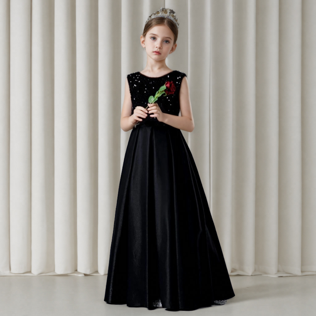 Elegantes schwarzes Prinzessinnenkleid für Mädchen – Langärmeliges Abendkleid für Klavierkonzerte, Violinkonzerte und besondere Anlässe (80-160 cm)_voghion.com