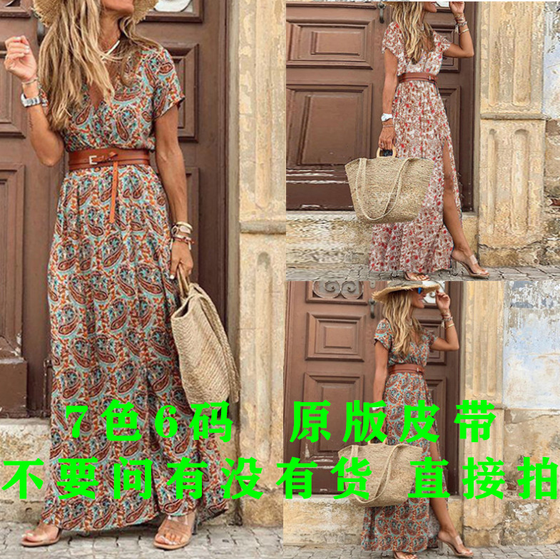 2020 독립 방송국 AliExpress WISH 폭발 유럽과 미국 베스트 셀러 패션 보헤미안 스타일 V 칼라 꽃무늬 원피스