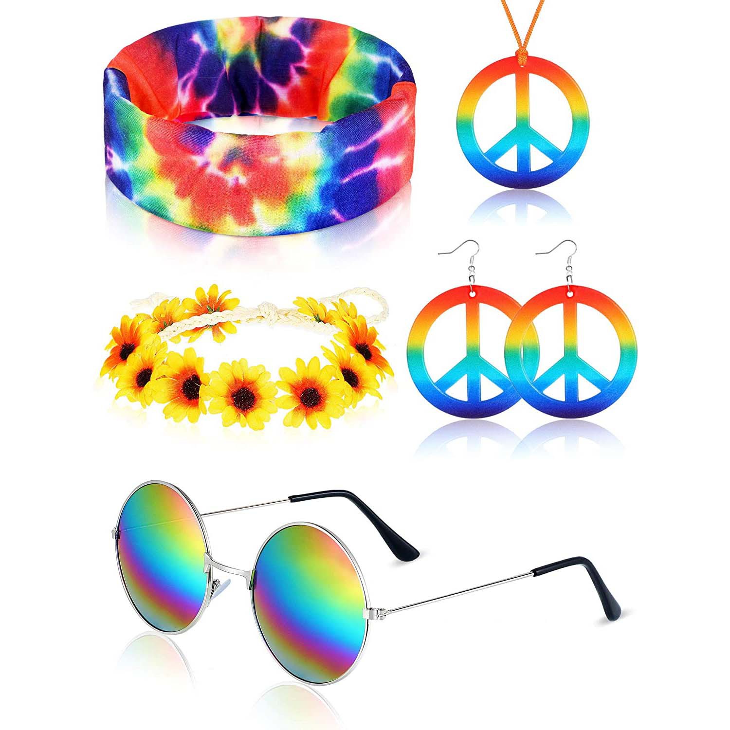 Accesorios de vestir hippies de la década de 1960, diadema de girasol, gafas redondas, conjunto de aretes de collar de talismán de paz
