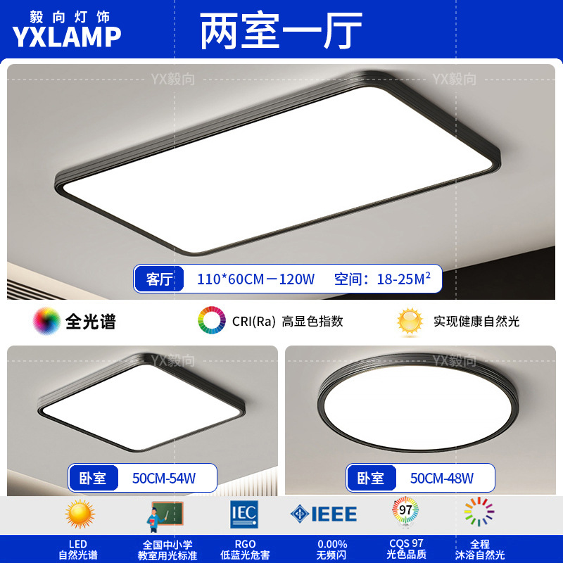 Luz de techo, lámpara de sala de estar, lámpara principal de espectro completo, protección de ojos, lámpara de dormitorio moderna simple sin hendiduras, lámpara negra Zhongshan