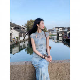 水韵蓝笺'新中式植绒旗袍女春夏罩衫吊带明媚漂亮连衣裙