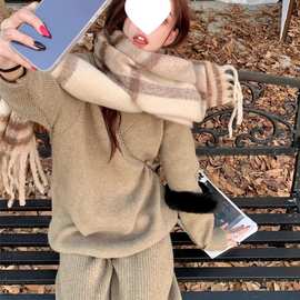 复古慵懒风领毛衣女秋冬季新款宽松慵懒垂感阔腿裤显瘦针织套装
