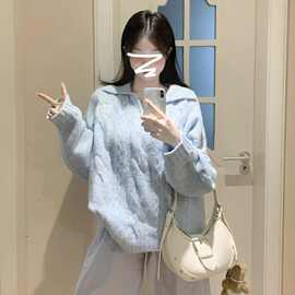 韩系蓝色长袖慵懒毛衣麻花夏翻领宽松新品新款新品衫套头上衣