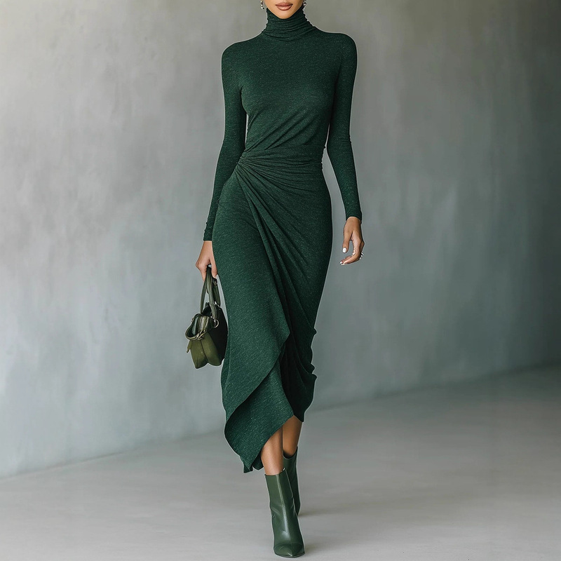 European and American Cross-Border Independent Foreign Trade Website New Autumn and Winter Elegant High-Neck Waist-Cinching Irregular Wrap Dress for Women European and American Cross-Border Independent Foreign Trade Website New Autumn and Winter Elegant High-Neck Waist-Cinching Irregular Wrap Dress for Women