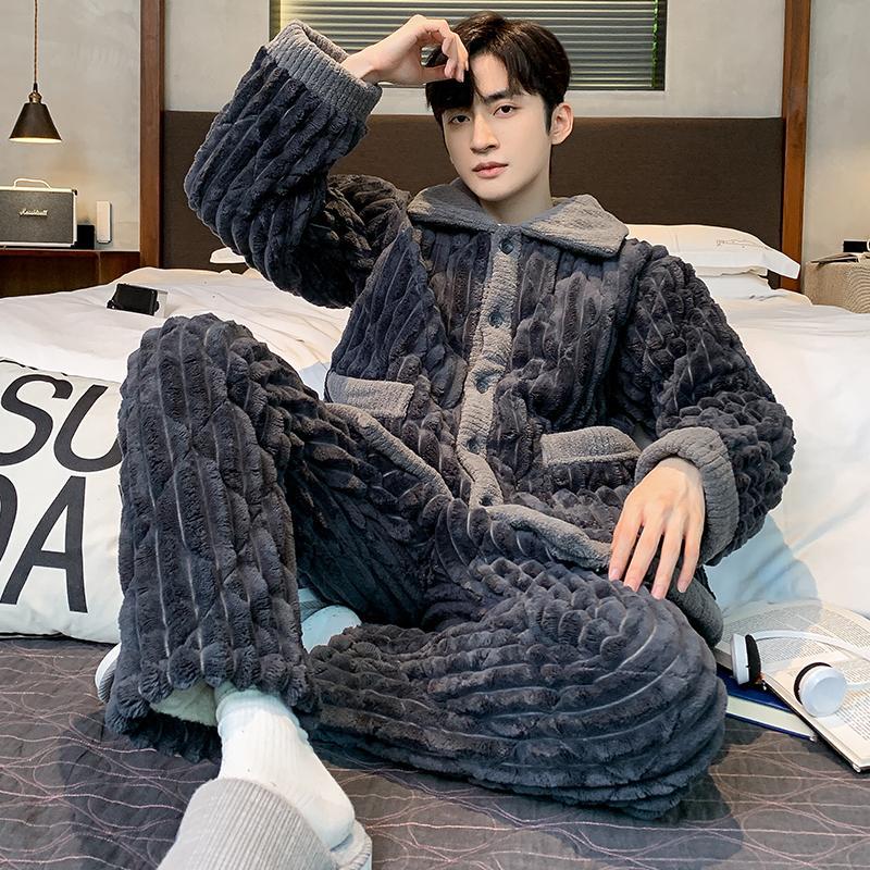 간단한 청소년 산호 벨벳 퀼트 잠옷 남성 가을, 겨울 정장 두꺼운 따뜻한 가정 옷 플란넬은 외부에서 착용 가능