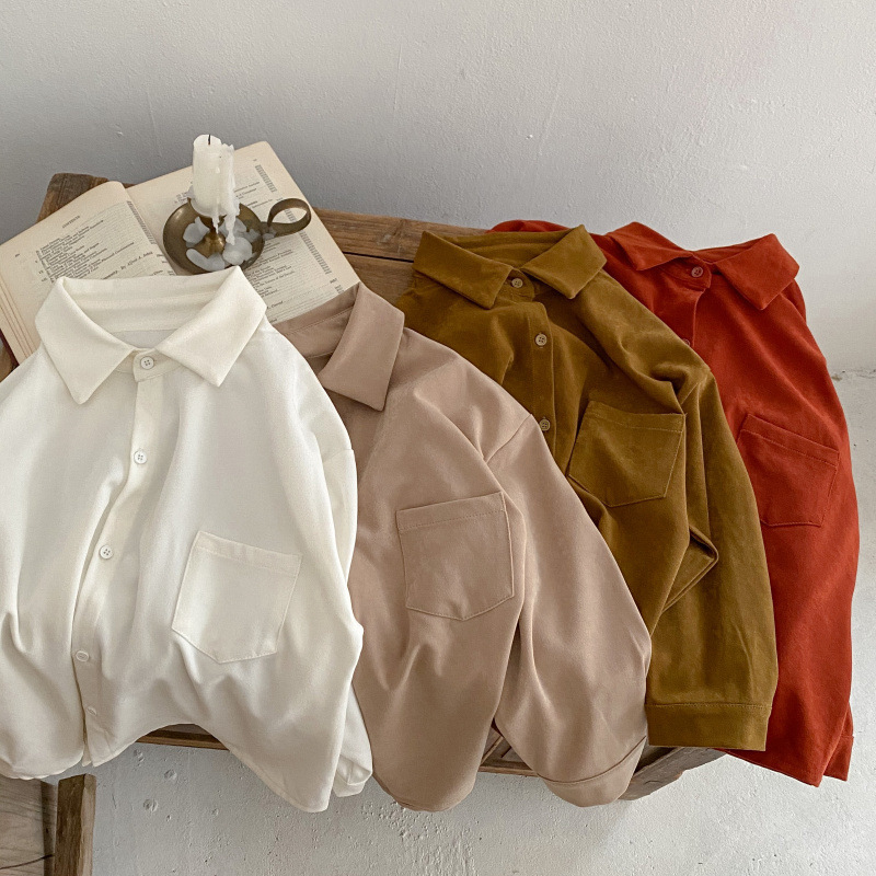 Mo Xiaomeng Children's Shirt 2026 Autumn/Winter Versatile Fleece Shirt for Boys and Girls Solid Color Turn-Down Collar Shirt