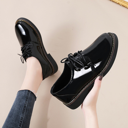 Black Loafers Women Soft Leather British Style Retro Flat Laced Thick Sole Mirror Single Shoes