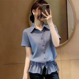 白枕鹤美式格纹裙摆抽褶系带polo领衬衫2026夏季大码胖mm宽松设