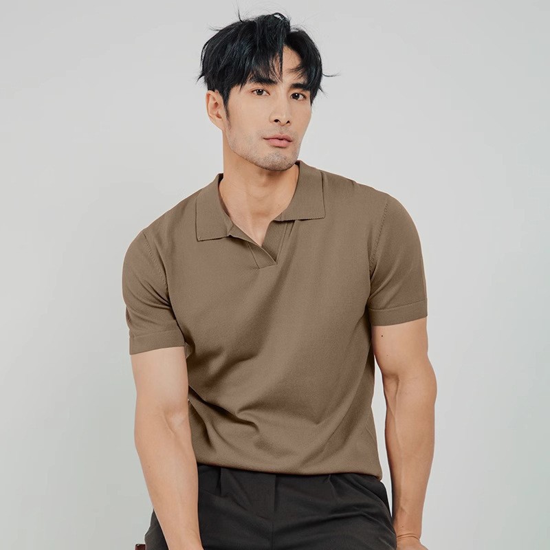 Light Mature Summer Ice Silk Cool Men's Lapel Knitted Polo Shirt Business Casual All-match Solid Color Short-sleeved T-shirt