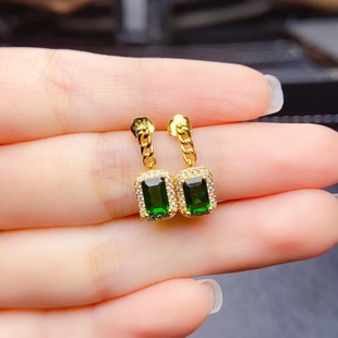 New natural diopside earrings S925 silver inlaid main stone 4*6mm Joker net red explosions women's jewelry wholesale