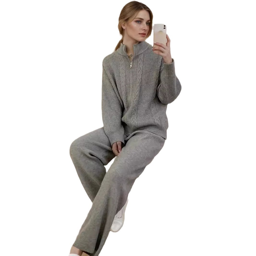 Damenbekleidungsstil, heißer Verkauf, lose gestrickte Anzüge für Frauen 2024 Herbst und Winter, neuer Reißverschlusspullover, Strickjacke + Hose mit weitem Bein_voghion.com
