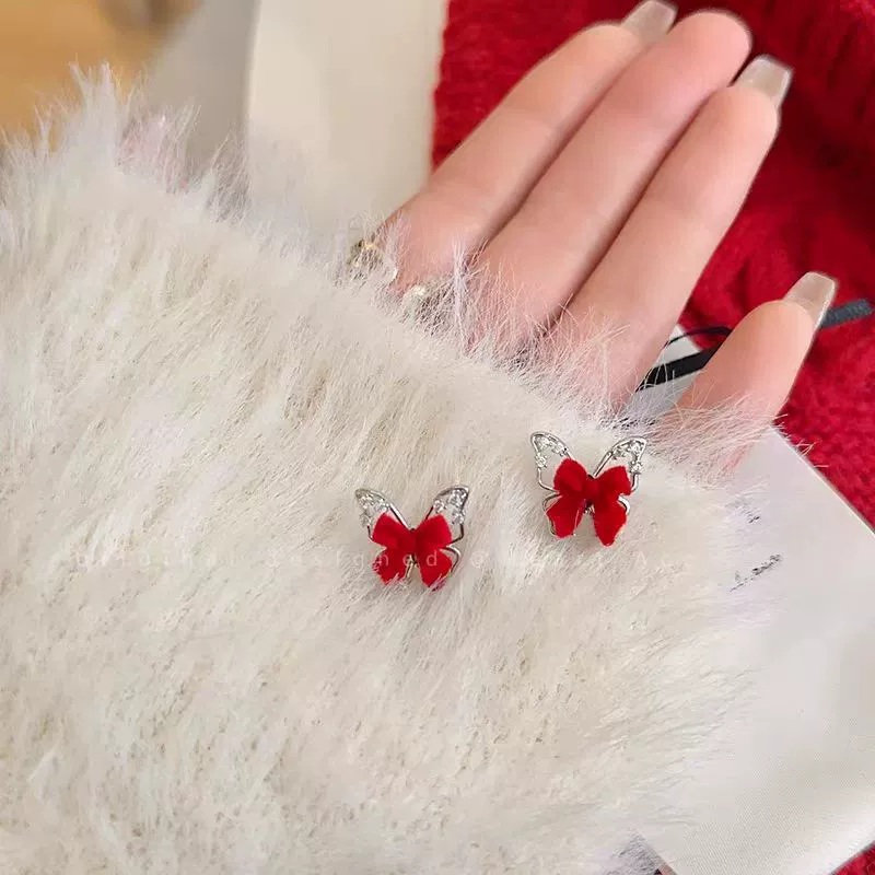 Festive red cute long demi-season earrings with bow with tassels, flowered