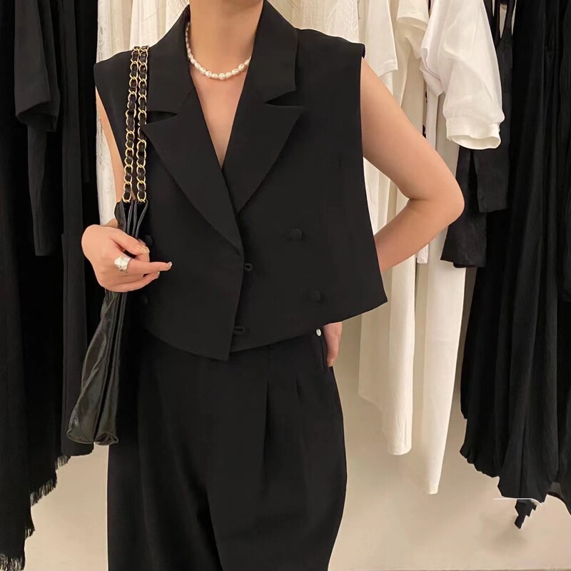 Korean Chic Summer Retro Suit Collar Single-Breasted Sleeveless Short Jacket + High-Waisted Loose Casual Wide-Leg Pants