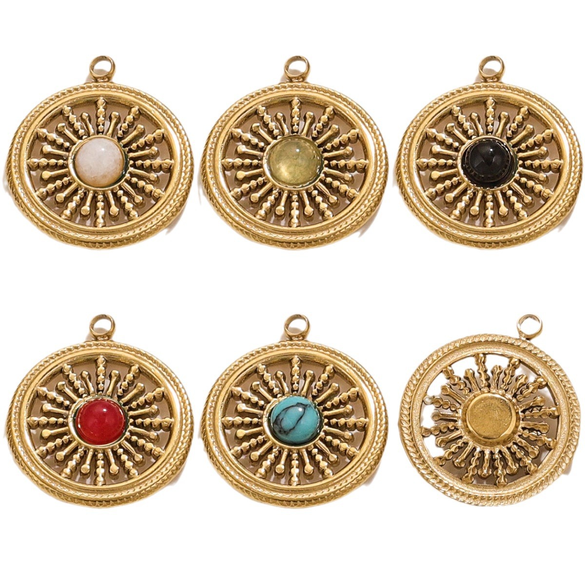 Retro simple de acero inoxidable piedra natural turquesa colgante circular con collar pendientes DIY colgante transfronterizo