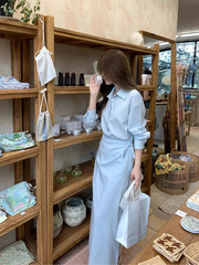 高级感假两件蓝色衬衫连衣裙女早秋季小众设计显瘦气质POLO长裙