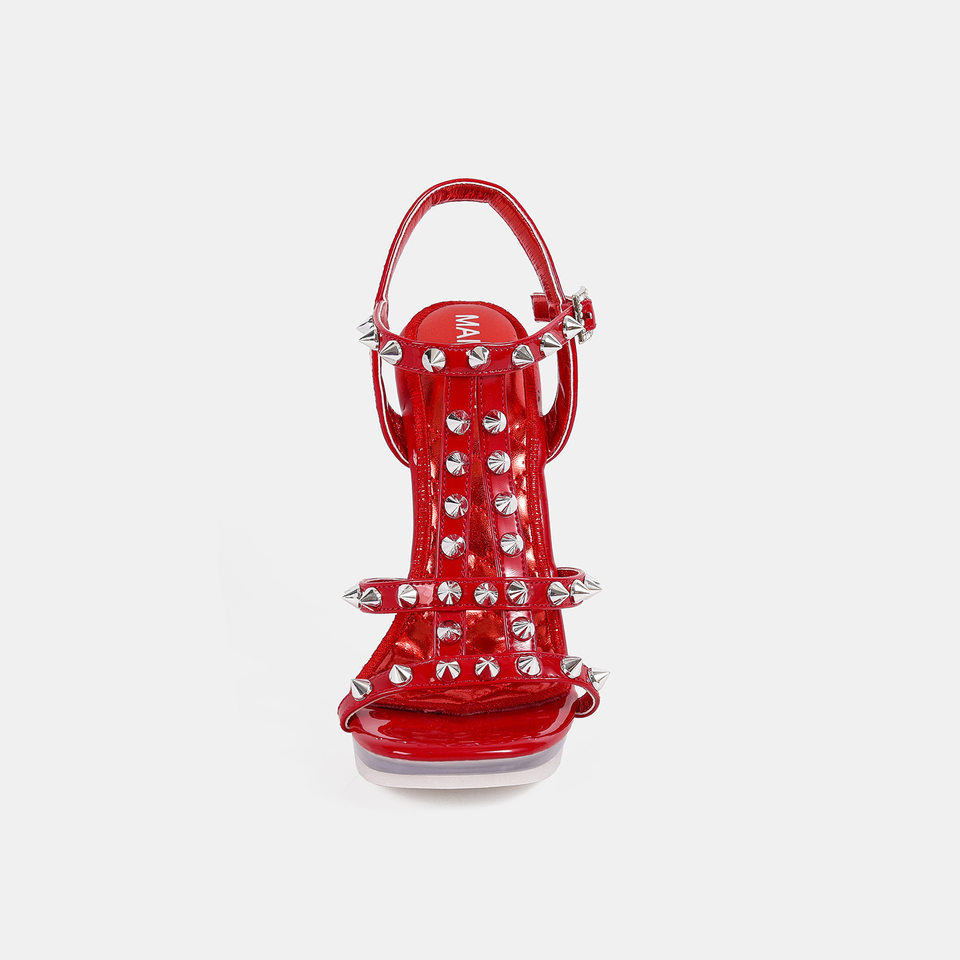 Sandal cao gót nhọn 10 cm đính đinh tán phối quai mảnh phong cách tiên nữ — Màu bạc, Màu trắng, màu đen, màu đỏ chi tiết 7