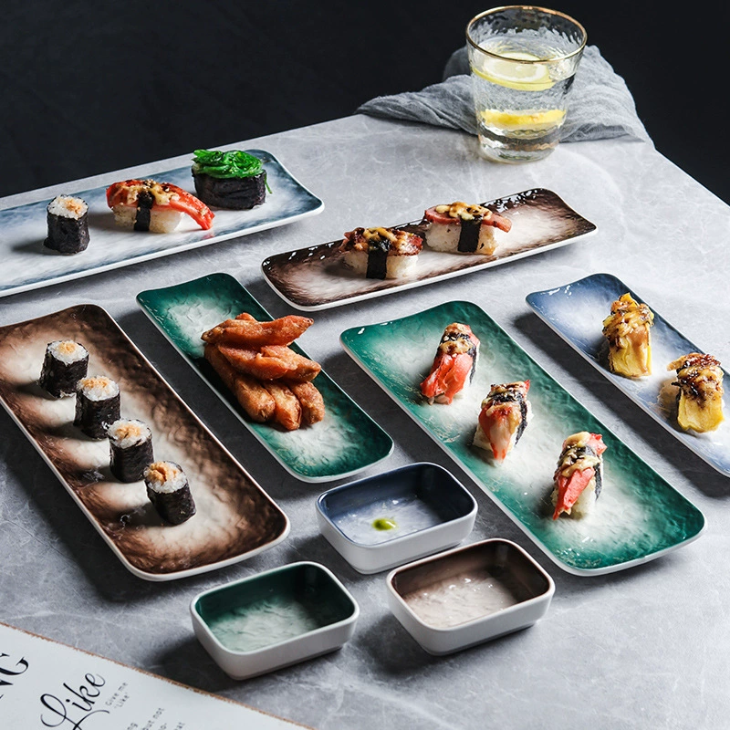 Japanese long-style ceramic sushi plate, rectangular sashimi dipping dish, stone-gradient glaze, multiple sizes