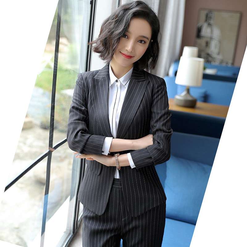 Korean style new spring striped one-button long-sleeved professional women's suit, white-collar OL work interview formal suit