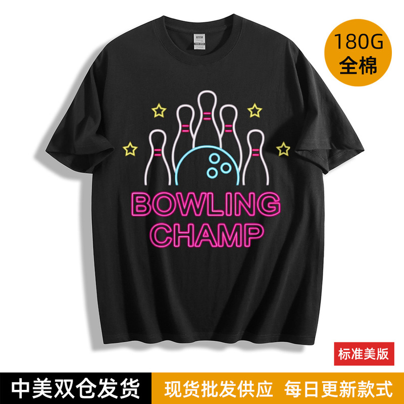 Cross-Border New Bowling Champ Printed Comfortable Casual Pure Cotton Loose Round Neck T-Shirt for Women
