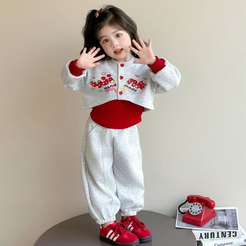 女童春秋假两件卫衣套装2025新款儿童字母印花卫裤女孩休闲两件套|undefined
