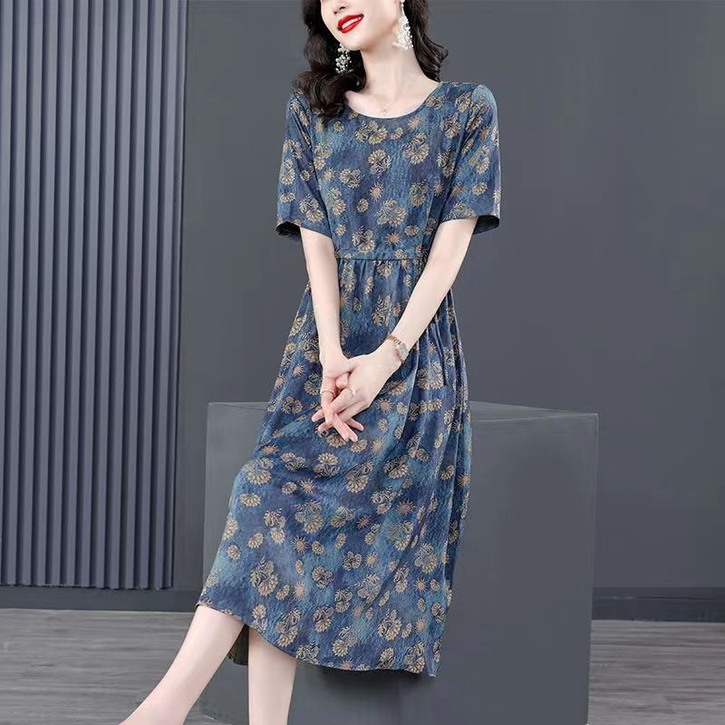 2025ワンピース女性夏の新型ゆるい中年ママ気質花清涼ワンピース|undefined