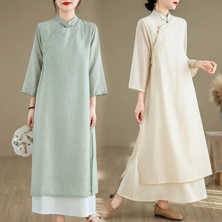 实拍 茶服新中式旗袍禅意茶艺师服装仙气飘飘旗袍国风裙