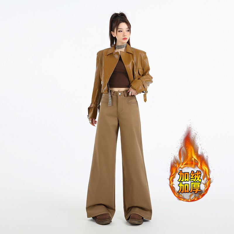 Maillard Khaki Fleece-Lined Casual Pants for Women, Autumn and Winter Loose Straight Drape Trendy Floor-Length Wide-Leg Pants Maillard Khaki Fleece-Lined Casual Pants for Women, Autumn and Winter Loose Straight Drape Trendy Floor-Length Wide-Leg Pants