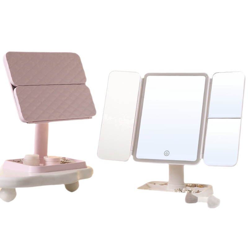 Espejo de maquillaje LED de escritorio con lámpara plegable triple espejo luminoso espejo de vestir espejo de almacenamiento doméstico plegable triple plegable