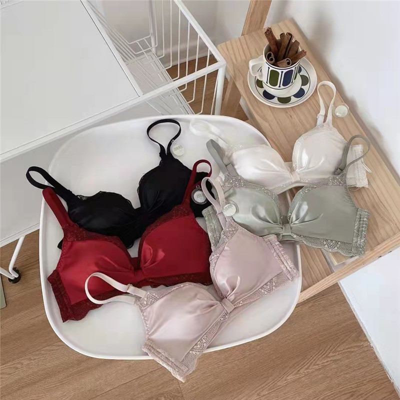 New product without steel ring sexy lace girl underwear gathering adjustment silk bow bra set_voghion.com