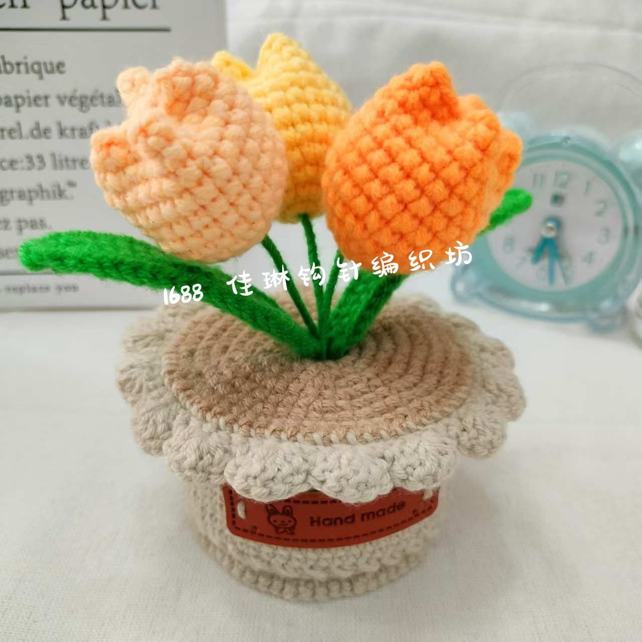 Hockey artesanal puro tulipán adornos imitación de flores regalos de lana de punto ramo de flores de imitación de maceta de tejido