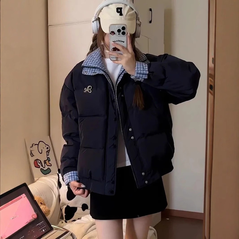 American Retro Blue Plaid Stitching Cold-proof Coat Cotton-padded Coat Winter navy blue Loose Warm Cotton-padded Coat for Female Students