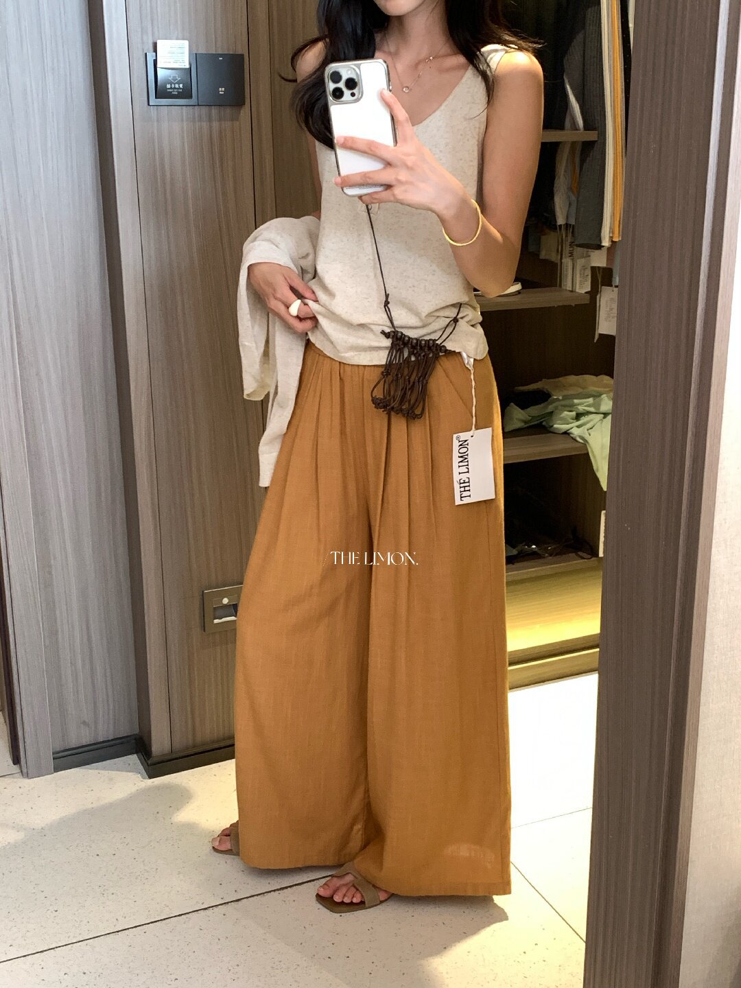 Quần ống rộng nữ vải linen phối cotton dáng suông mùa hè — Xám gạo, Xanh xám nhạt, Xanh đen, Cam bí ngô chi tiết 66