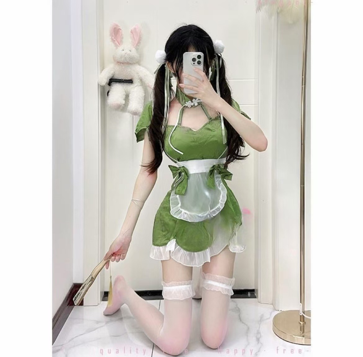 Lolita Maid Costume Set with Lace Apron and Ruffle Thigh-high Stockings, One Size — detail image 5