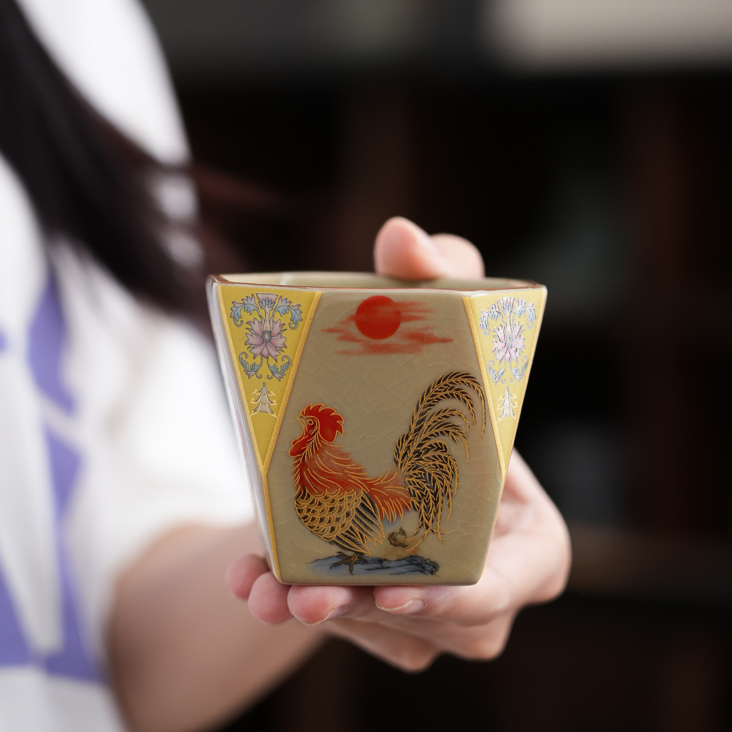Golden Rooster Dawn Master Cup Single Ru Kiln Tea Cup Single Ceramic Tea Bowl Personal Specialty Tea Cup with Open Pattern for Cultivation