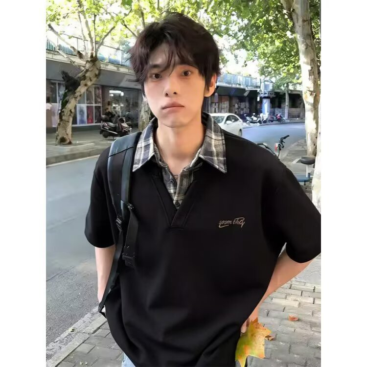 Fake two-piece shirt collar t-shirt for men and women, turn-down collar, short-sleeved, stylish and sophisticated polo shirt, half-sleeve, ice silk, breathable