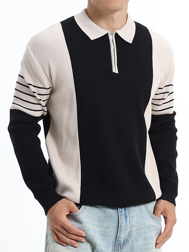 Cross-border hombre otoño invierno medio cremallera suéter de solapa hombre de negocios ocio rayas contraste polo suéter de punto