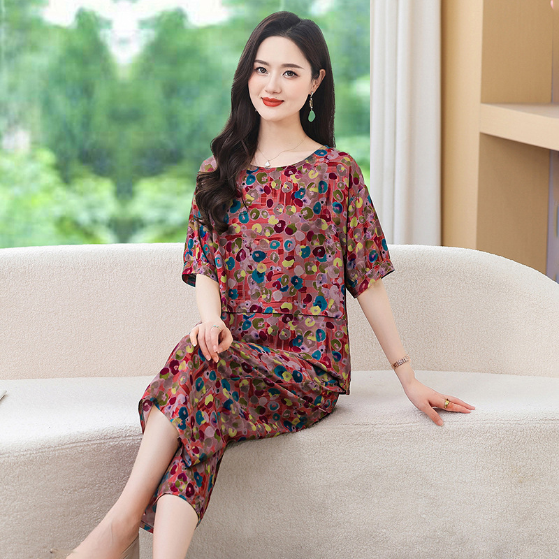 コットンシルクスーツレディース夏服ファッショナブルな新しいプリント半袖トップスとクロップドパンツコットン厚手ツーピースカジュアルルーズアウターウェア|undefined